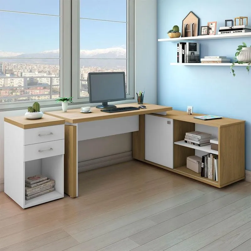 Escrivaninha com Gaveteiro Artany Smart Toq MDP e Tamburato Branco e Olmo