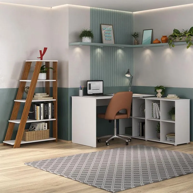 Conjunto de Mesa em L com Estante de Escritório Nero Star Branco e Freijó