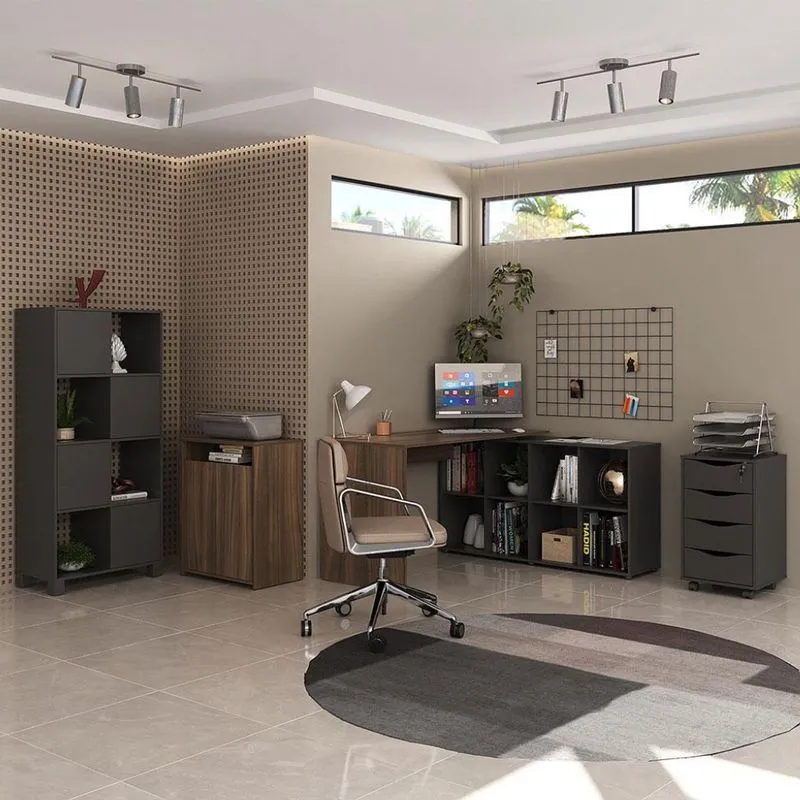 Conjunto de Mesa com Armário de Escritório, Estante e Gaveteiro 6 PT 4 GV Nero Cool Wally Bit Preto e Ipê