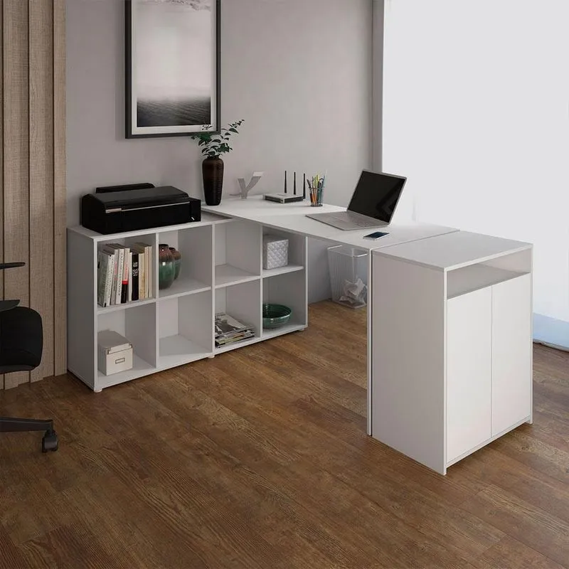 Conjunto de Escritório em L com Armário Artany Móveis Nero Cool MDP Branco