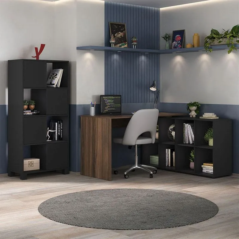 Conjunto de Escritório Artany Nero Wally MDP Preto e Ipê