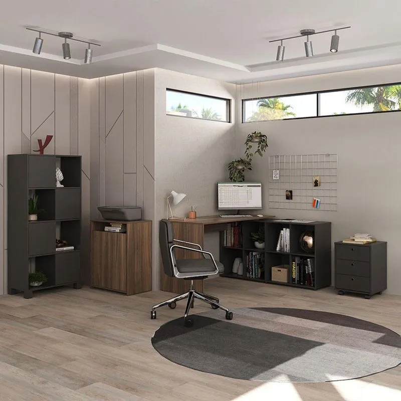 Conjunto de Mesa com Armário de Escritório, Estante e Gaveteiro 6 PT 3 GV Nero Cool Wally New Preto e Ipê