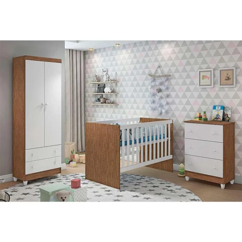Quarto Infantil Com Colchão Maria I 2 PT 5 GV Branco e Amadeirado