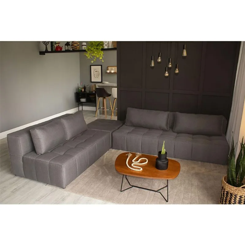 Sofá Modular 2 e 3 Lugares com Puff Soho Linho Cinza