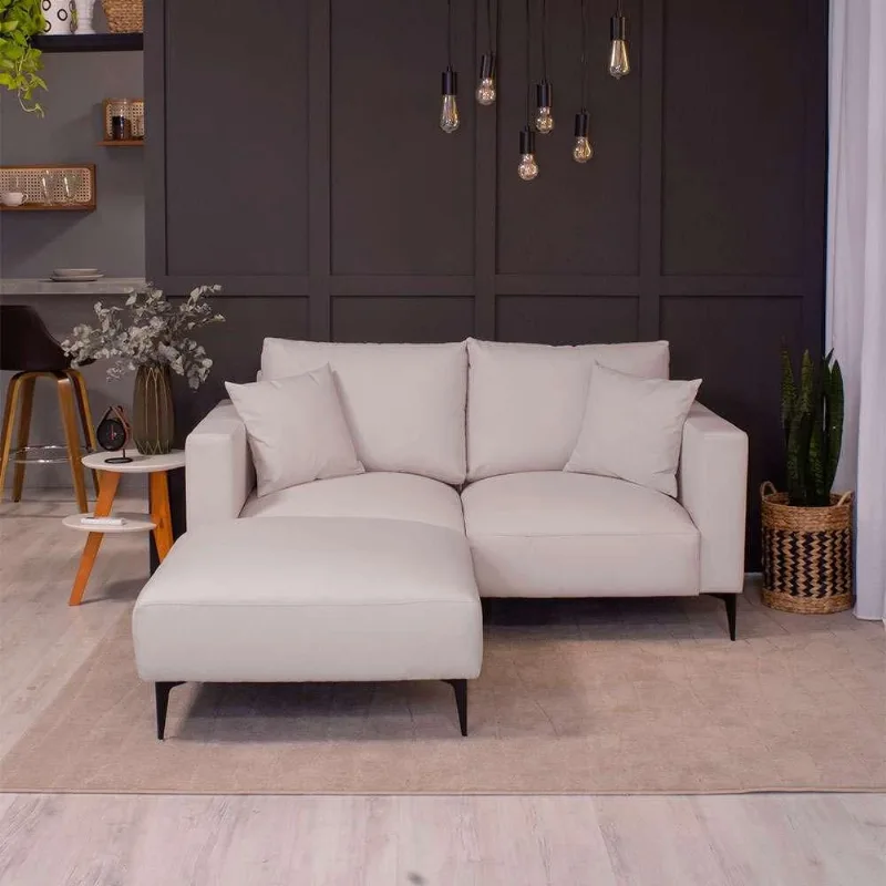Sofá 2 Lugares com Molas Ensacadas 170 cm e Puff Unne Linho Cru