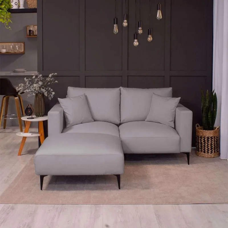 Sofá 2 Lugares com Molas Ensacadas 170 cm e Puff Unne Linho Cinza