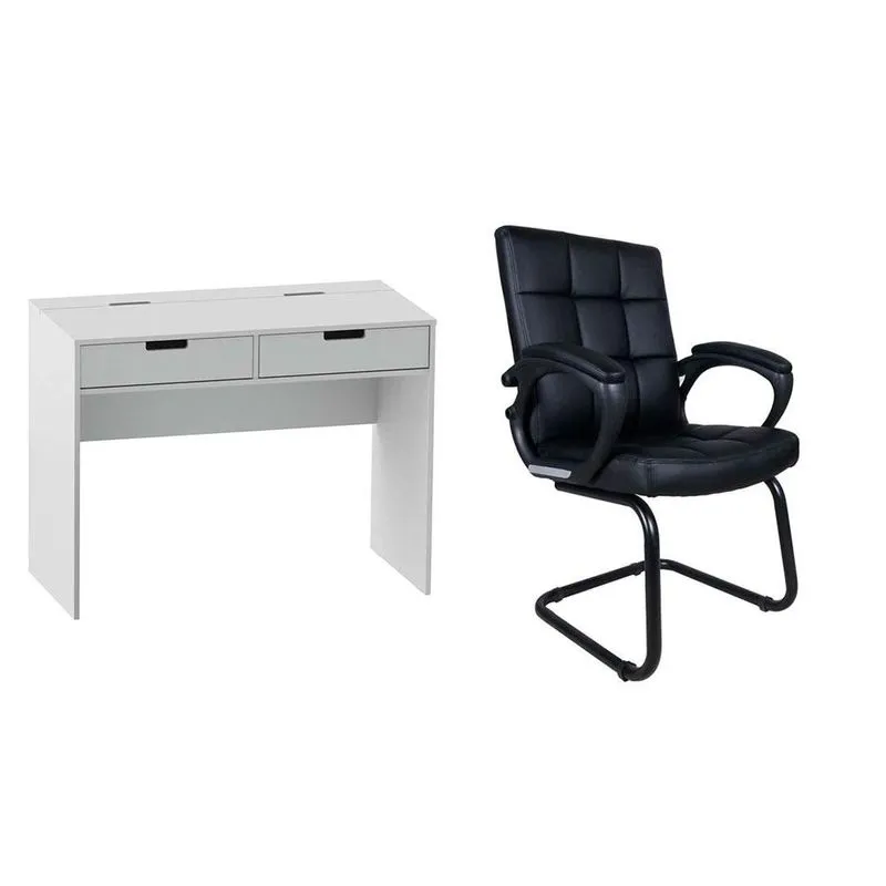Conjunto de Mesa New Branca com Cadeira de Escritório Interlocutor Fixa Charles Preta