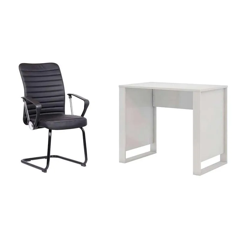 Conjunto de Mesa Morada Branca com Cadeira de Escritório Interlocutor Fixa Oslo Preta