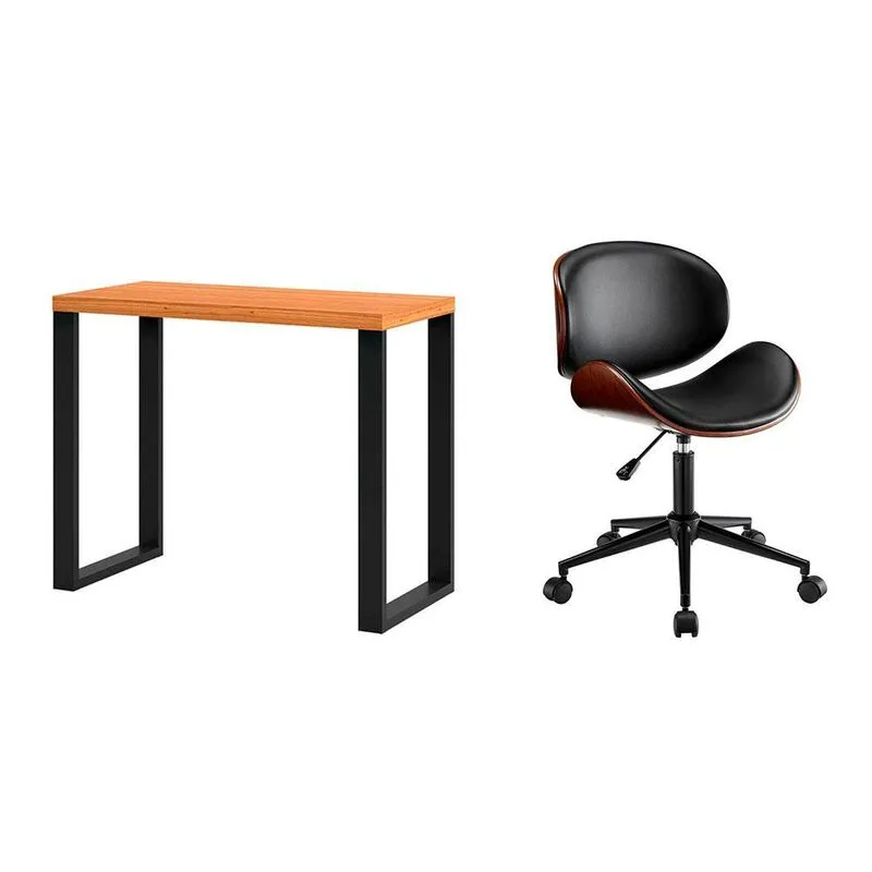 Conjunto de Mesa Anah Freijó com Cadeira de Escritório Diretor Giratória Bergen Preta