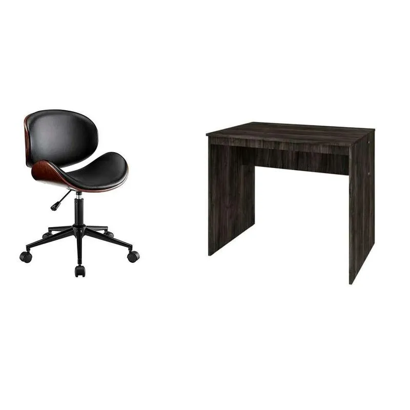 Conjunto de Mesa Office Carvalho Dark com Cadeira de Escritório Diretor Giratória Bergen Preta