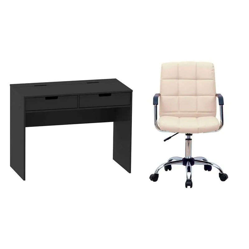 Conjunto de Mesa e Cadeira de Escritório Mobly New com Fitz MDP Preto e Bege