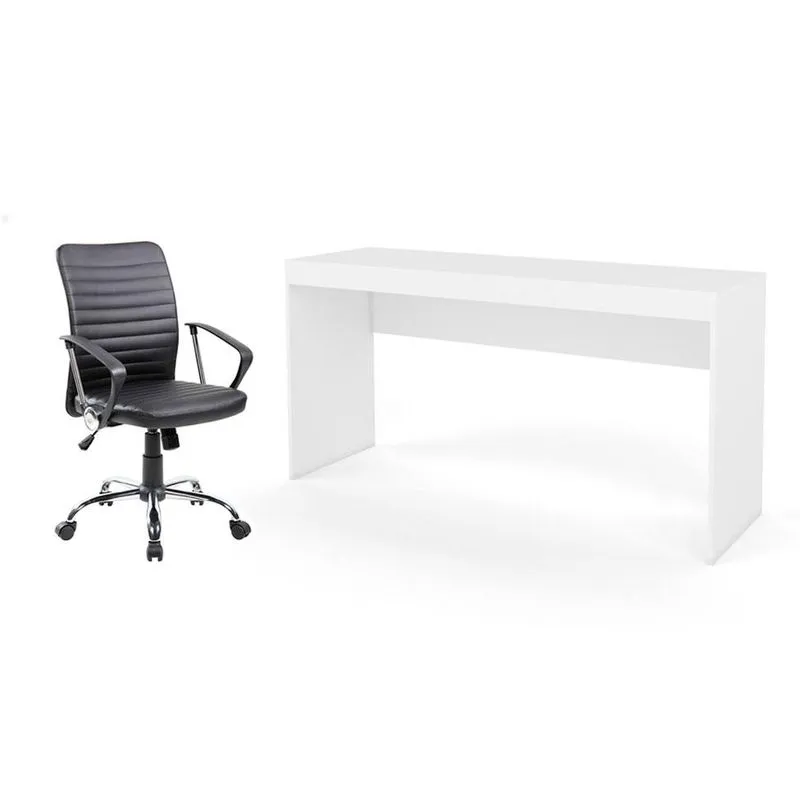 Conjunto de Mesa Marselha Branca com Cadeira de Escritório Diretor Giratória Oslo Preta
