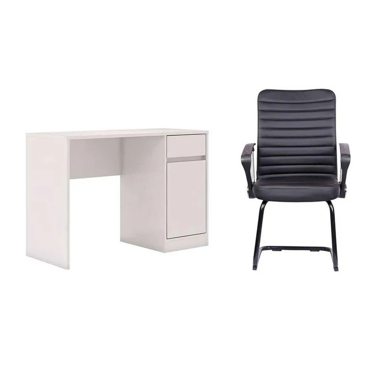 Conjunto de Mesa e Cadeira Mobly Morada e Oslo 1 Porta 1 Gaveta Branco e Preto