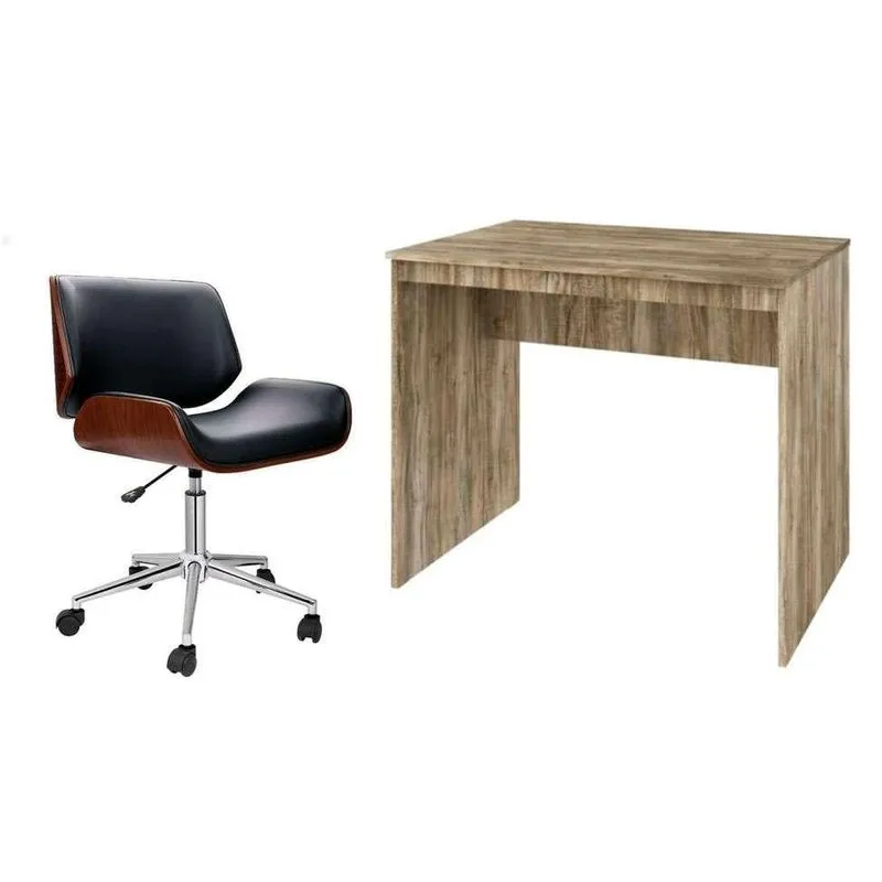Conjunto de Mesa Office Carvalho com Cadeira de Escritório Diretor Giratória Lauren Preta