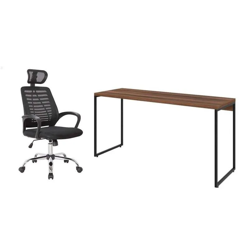 Conjunto de Mesa Studio Nogal 150 cm com Cadeira de Escritório Diretor Giratória Light Preta