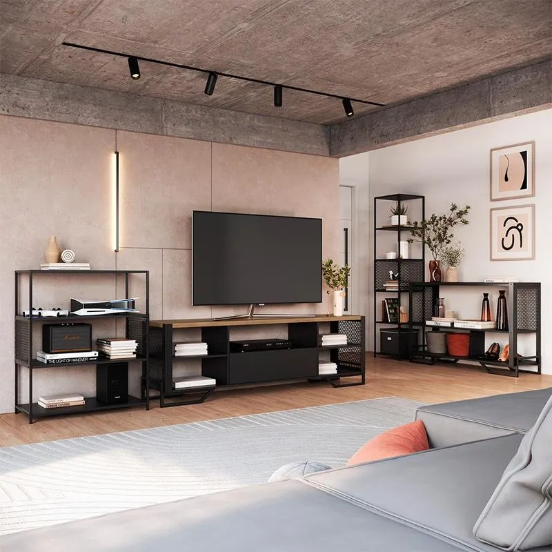 Conjunto Para Sala De Estar Paricel Com Rack 1 Gv, Aparador, Estante 40cm E Estante 77cm Preto