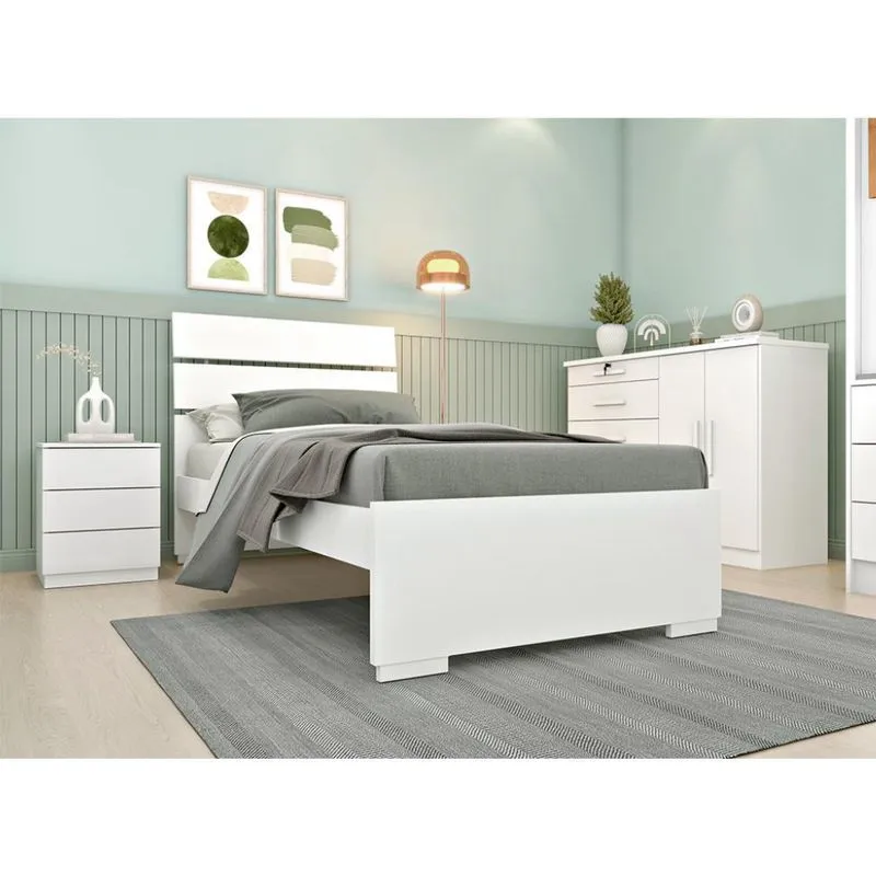 Conjunto de Cama Solteiro Premium com Mesa de Cabeceira Veronna 3 GV e Cômoda Istambul 2 PT 5 GV Neve