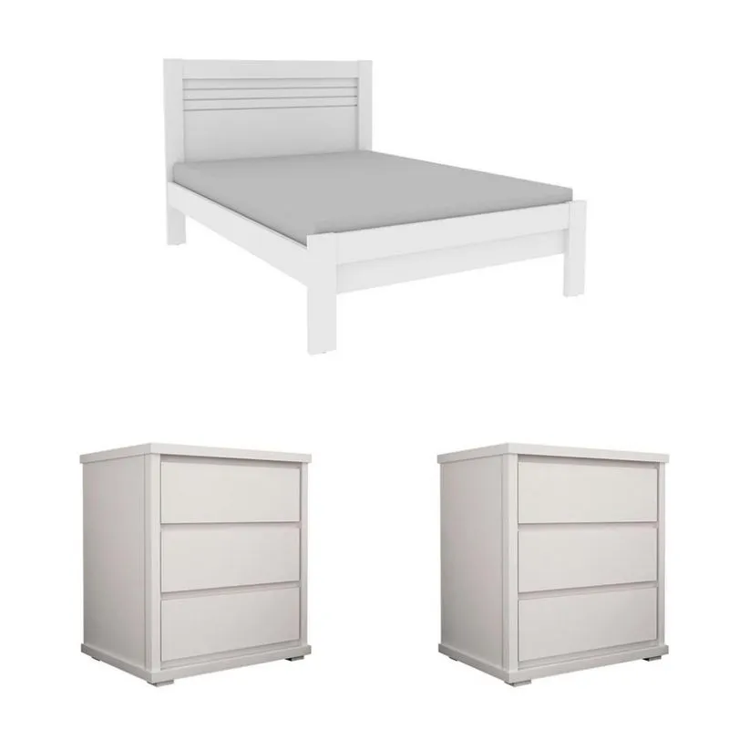 Cama Casal Safira com 2 Mesas de Cabeceira Stillus 3 GV Neve