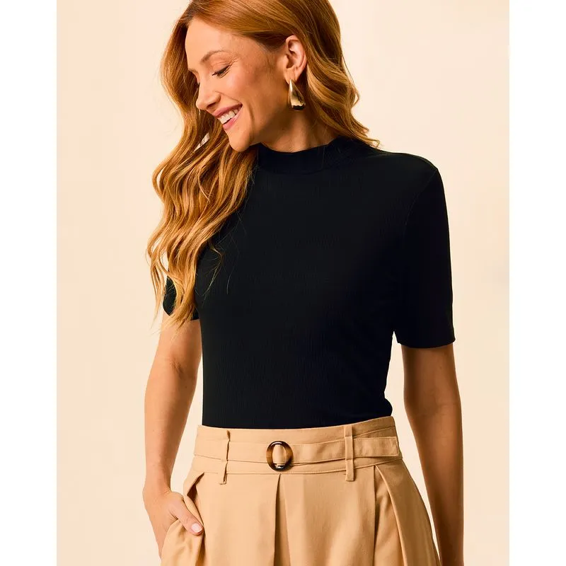 Blusa Básica Feminina Gola Alta Em Canelado De Viscose Preto - M