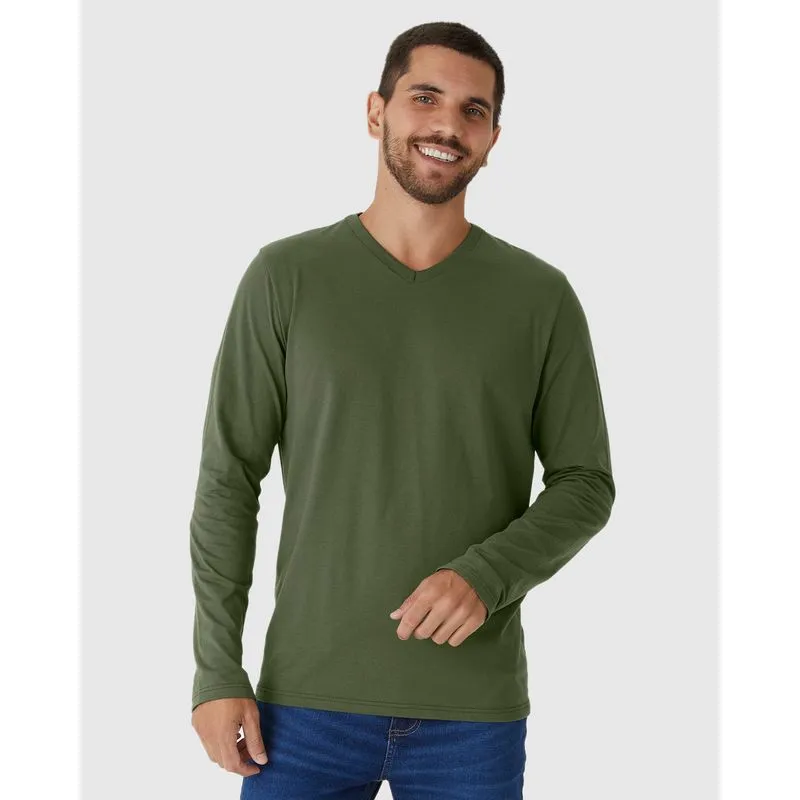 Camiseta Básica Masculina Decote V Manga Longa Em Algodão Verde - XGG