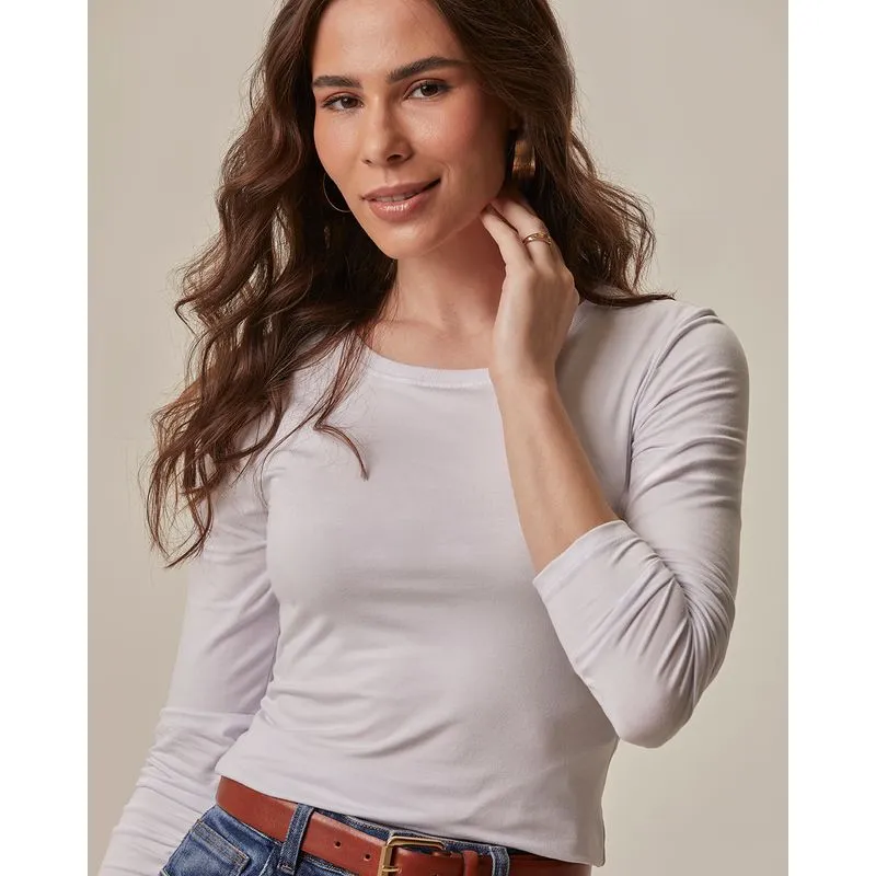 Blusa Básica Feminina Decote Redondo Em Viscose Stretch Branco - PP