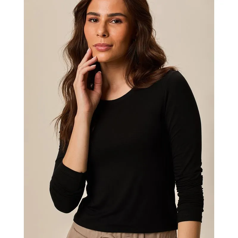 Blusa Básica Feminina Decote Redondo Em Viscose Stretch Preto - G