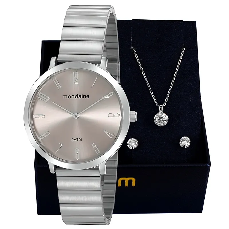 Relógio Mondaine Feminino Prata Analógico 76769L0MVNE1 Colar e Brincos