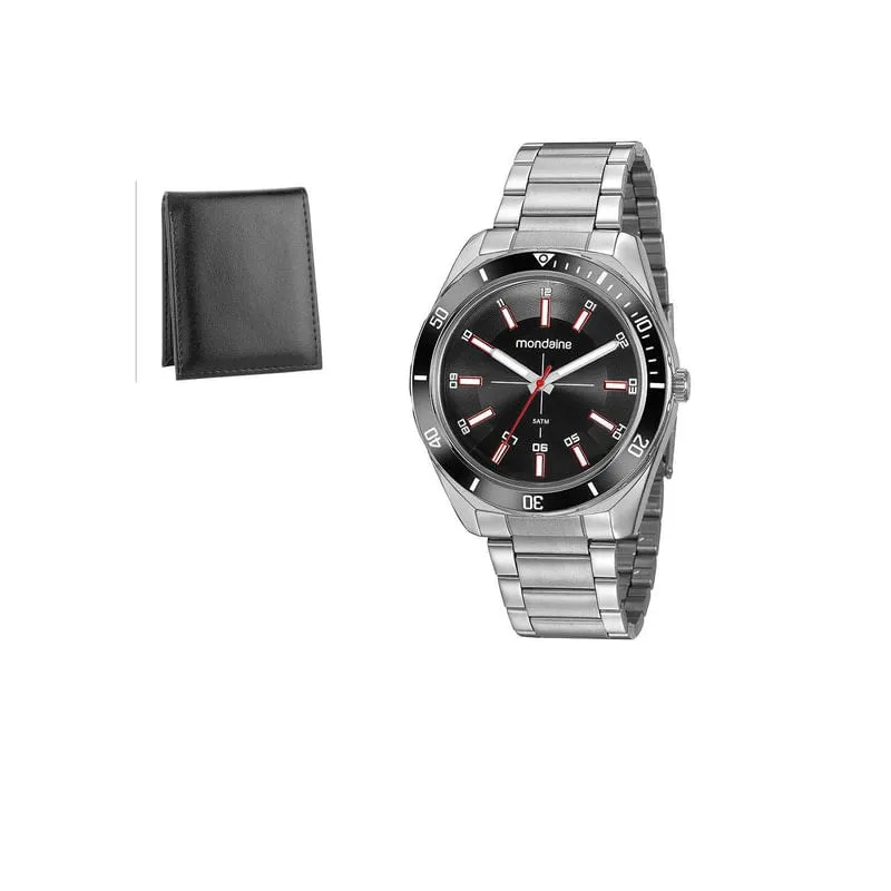 Relogio Mondaine Masculino Prateado Visor Preto + Carteira