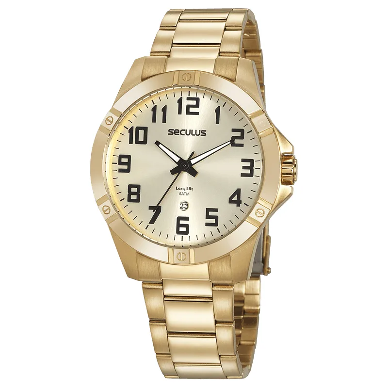 Relógio Masculino Calendário Casual Dourado