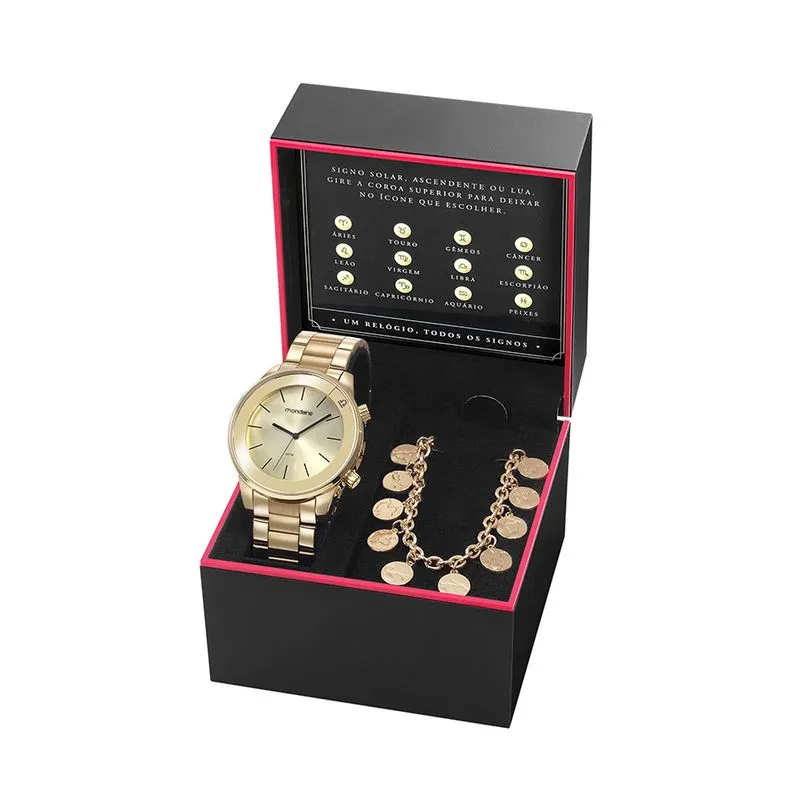 Kit Relógio Feminino Signos com Pulseira Dourado