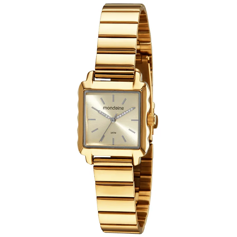 Relógio Feminino Quadrado Ponteiro Cristais Dourado