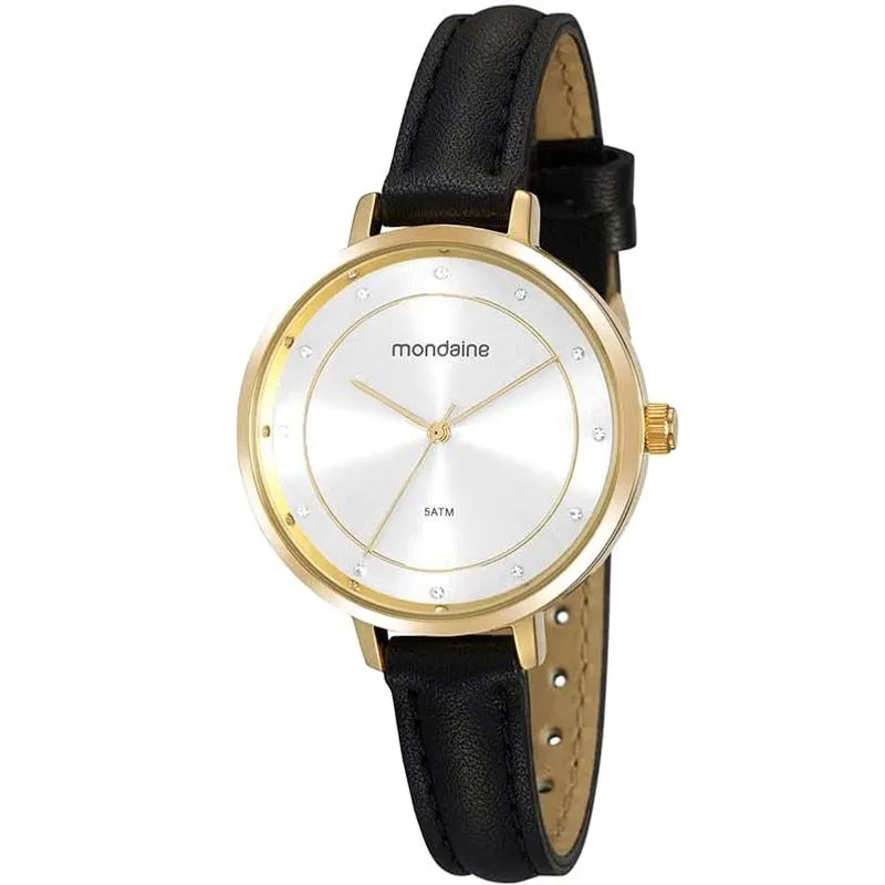 Relógio mondaine feminino dourado couro preto 32175LPMVDH2