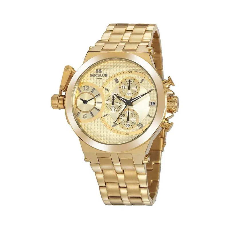 Relógio Masculino Casual Cronógrafo Aço Dourado