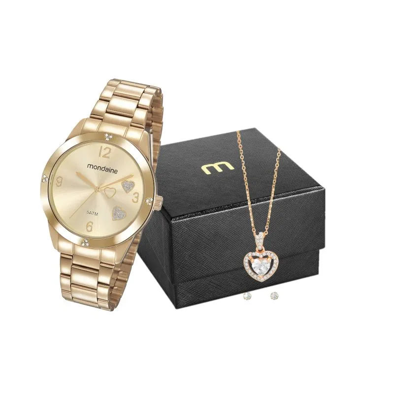 Kit Relógio Corações Feminino Dourado