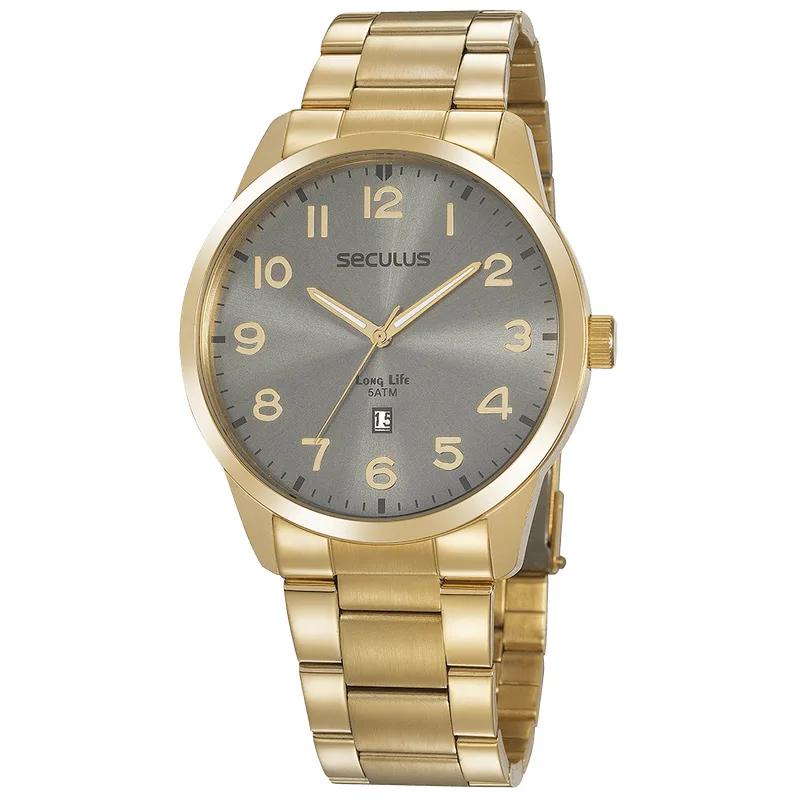 Relógio Masculino Mostrador Cinza Aço Dourado