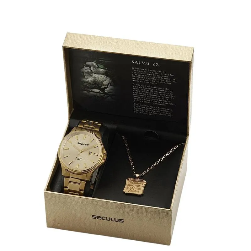 Kit Relógio Seculus Masculino Salmo 23 Dourado