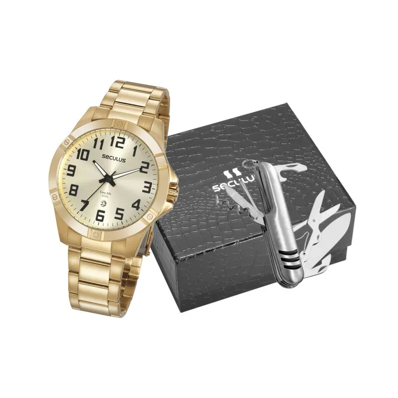 Kit Relógio Masculino Casual Dourado Com Canivete