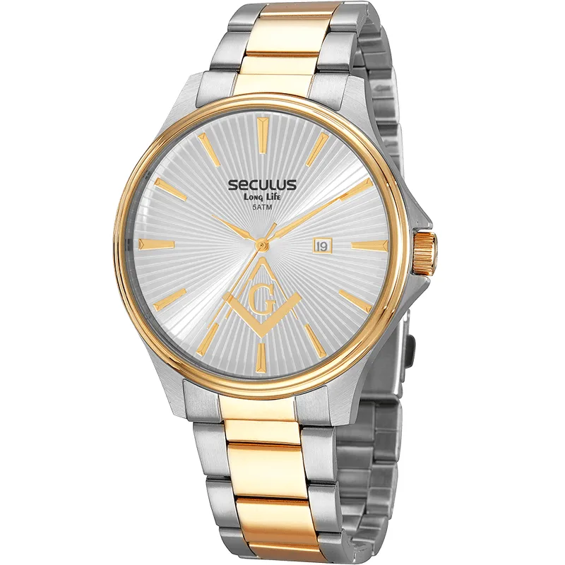 Relógio Masculino Maçonaria Aço Prata e Dourado