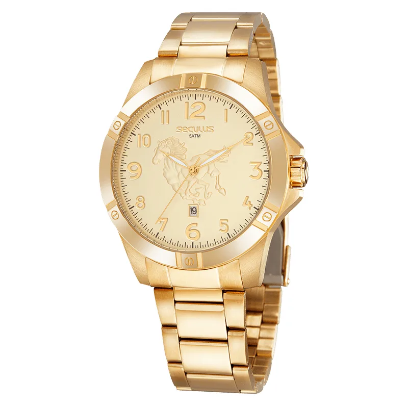 Relógio Masculino Country Casual Aço Dourado