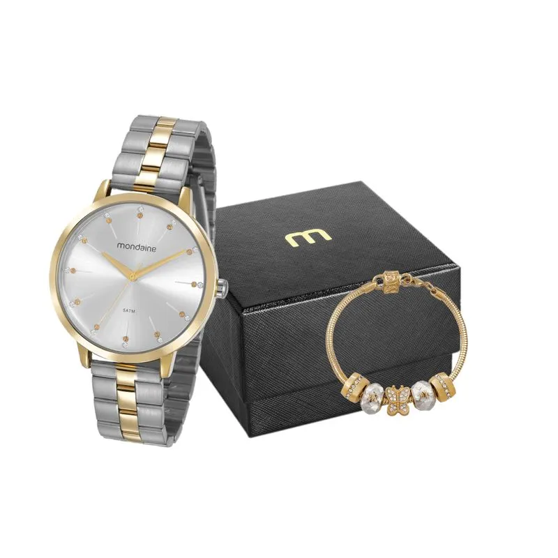 Kit Relógio Feminino Pedras com Pulseira Prata e Dourado