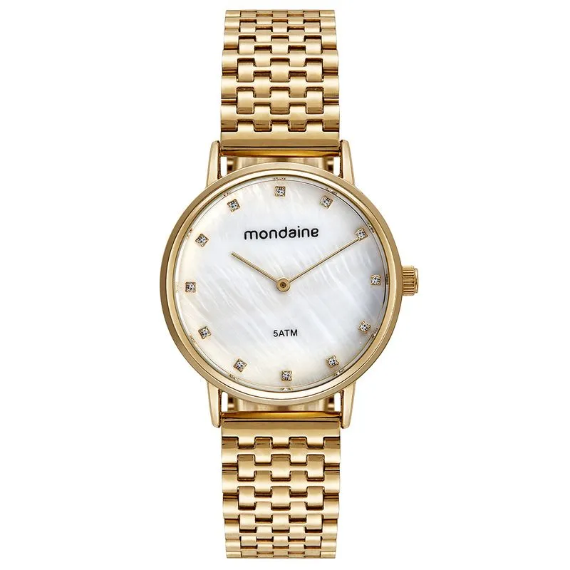 <br>Relógio Feminino Cristais Madrepérola Dourado