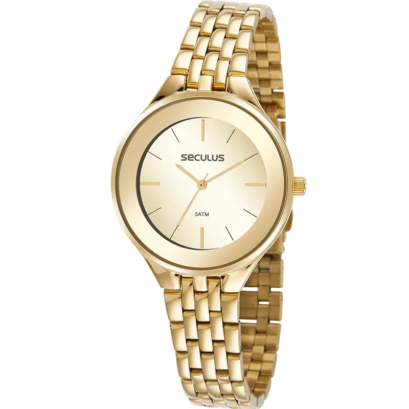 Relógio Feminino Aro Espelhado Aço Dourado