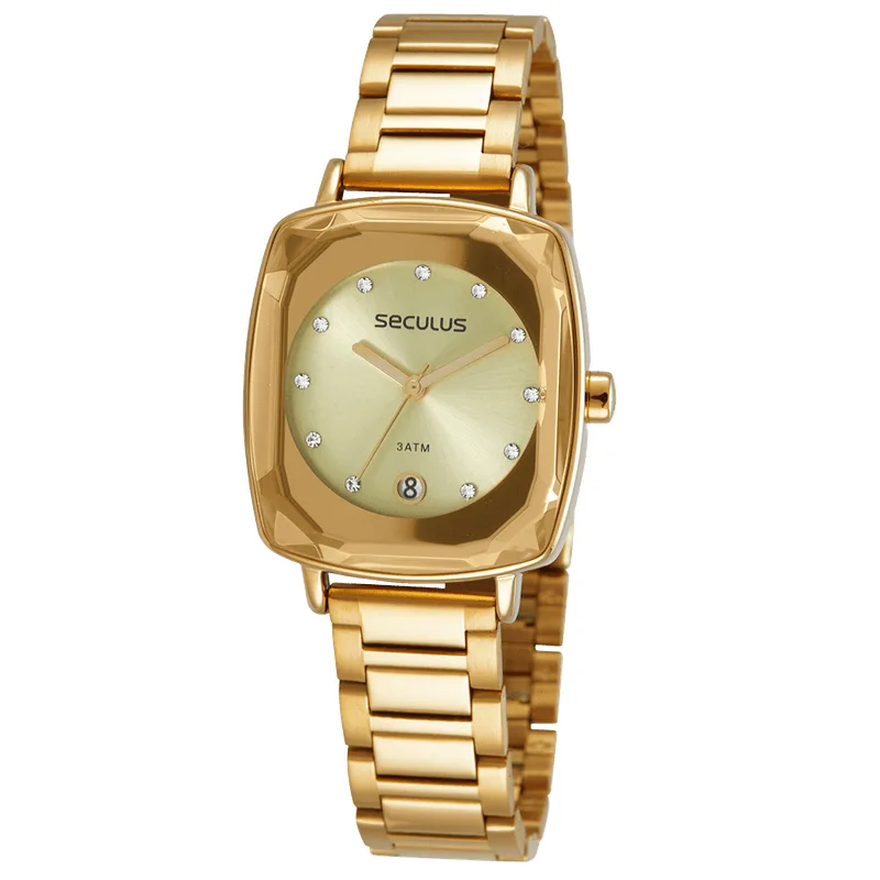 Relógio Feminino Quadrado Vidro Facetado Dourado