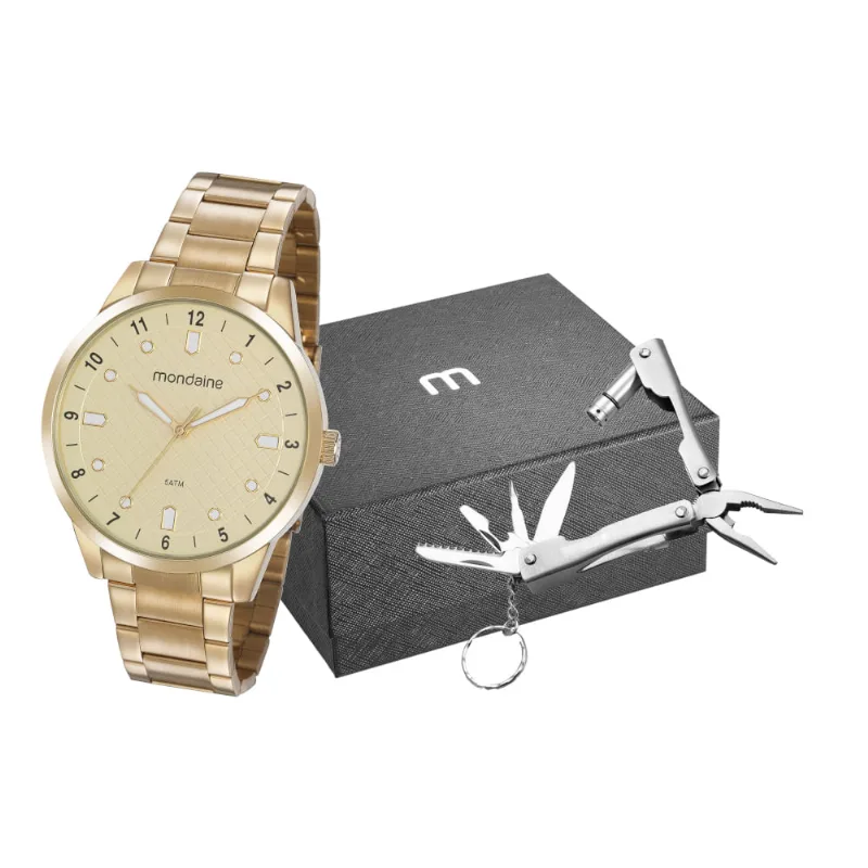 Kit Relógio Masculino Dourado com Chaveiro Multiuso