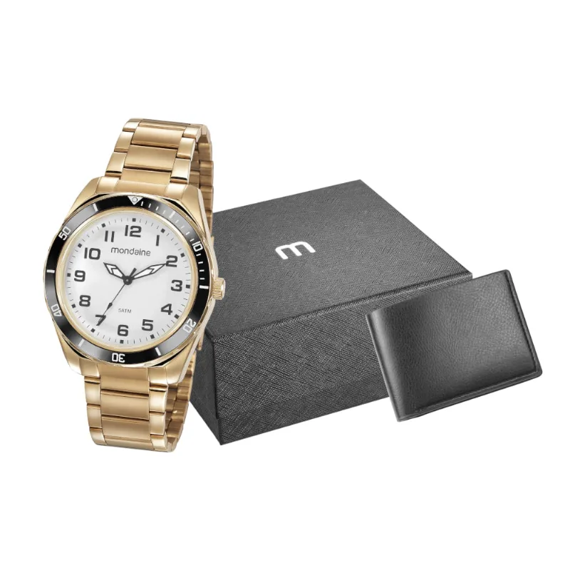 Kit Relógio Masculino Dourado com Carteira