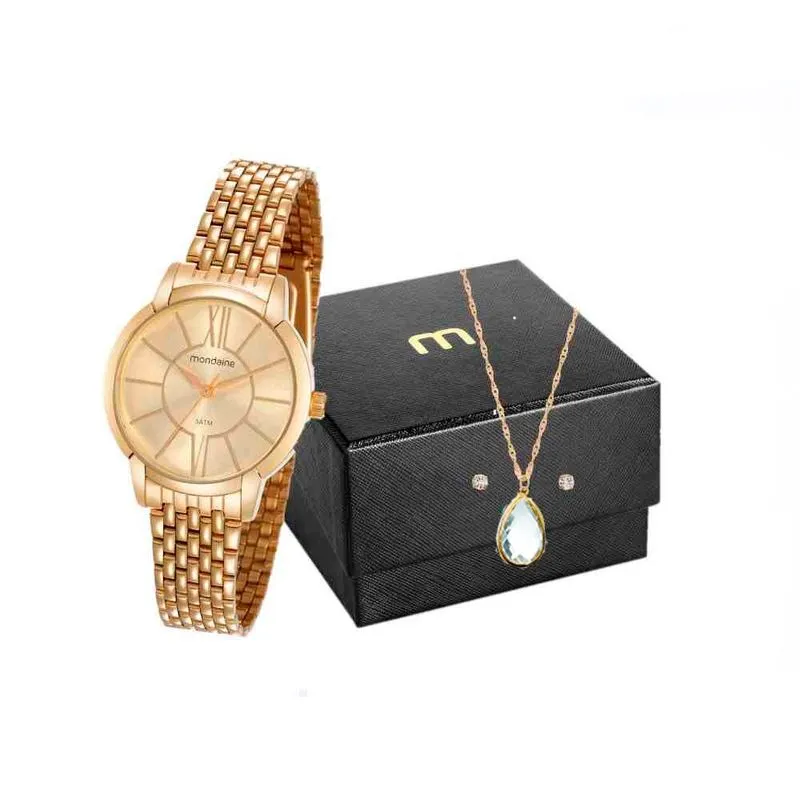 Kit Relógio Mondaine Feminino Dourado 53615lpmvde1k1
