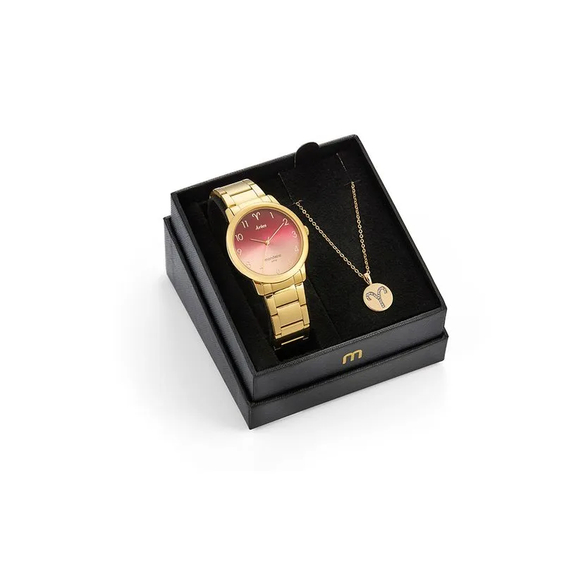 Kit Relógio Feminino e Semijóia Signo Áries Dourado