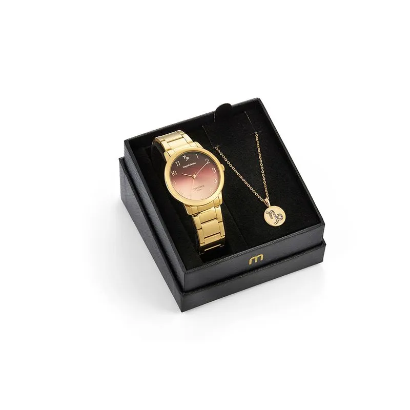 Kit Relógio Feminino e Semijóia Signo Capricórnio Dourado