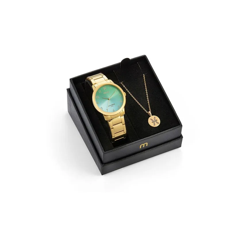 Kit Relógio Feminino e Semijóia Signo Peixes Dourado