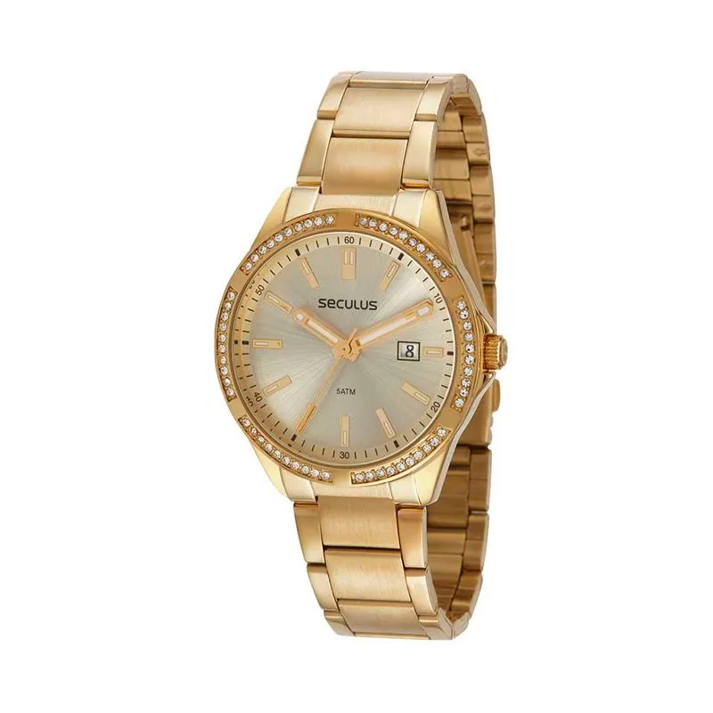 Relógio Feminino Moderno Cristais Dourado